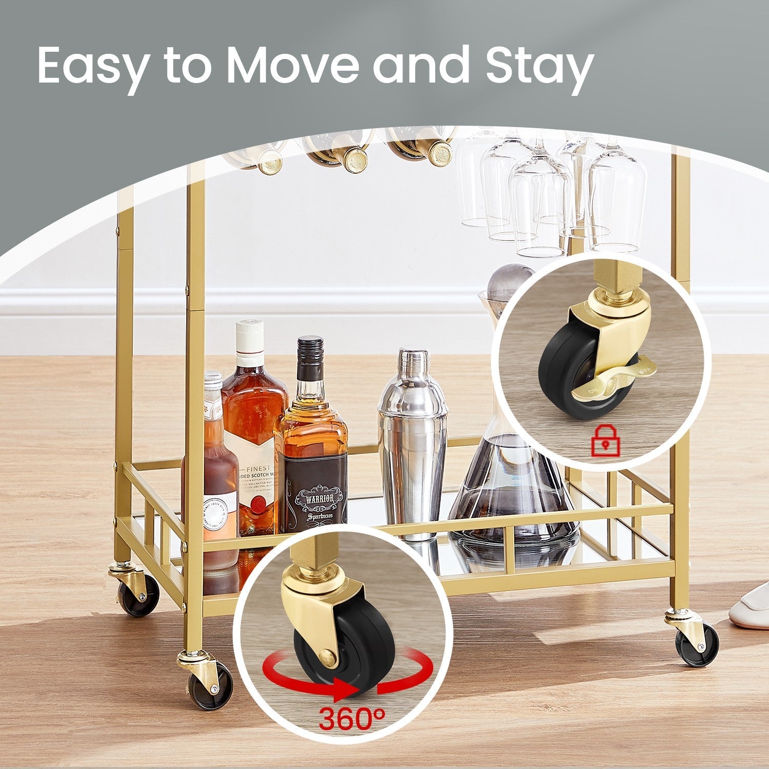 Bar Cart – Metal and Glass – Mirrored – Dual Shelves and Wine Holders