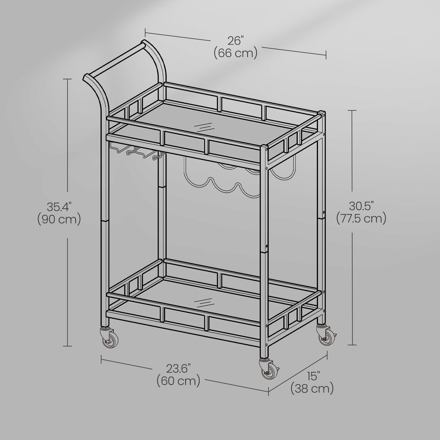 Bar Cart – Metal and Glass – Mirrored – Dual Shelves and Wine Holders
