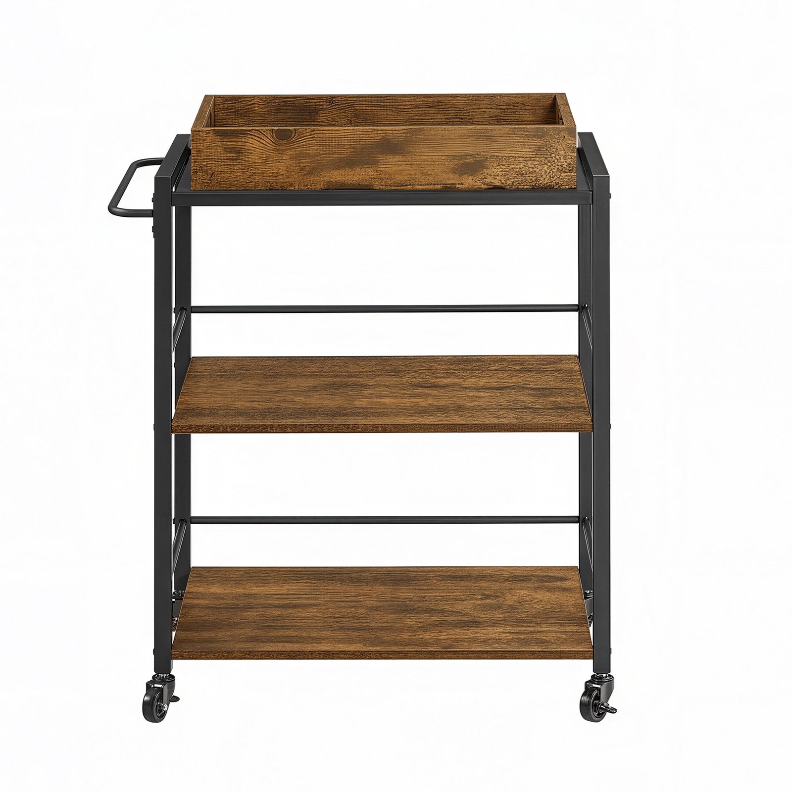 3-Tier Kitchen Trolley – Steel – Rustic Brown – Removable Serving Tray with Wheels and Brakes