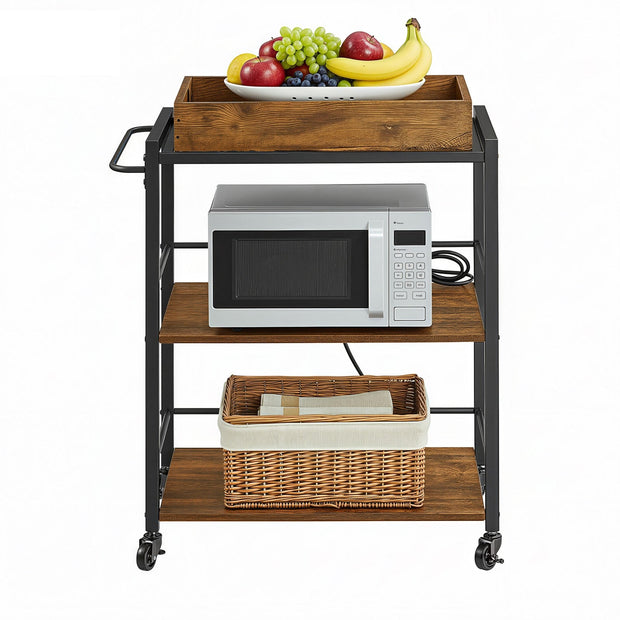 3-Tier Kitchen Trolley – Steel – Rustic Brown – Removable Serving Tray with Wheels and Brakes
