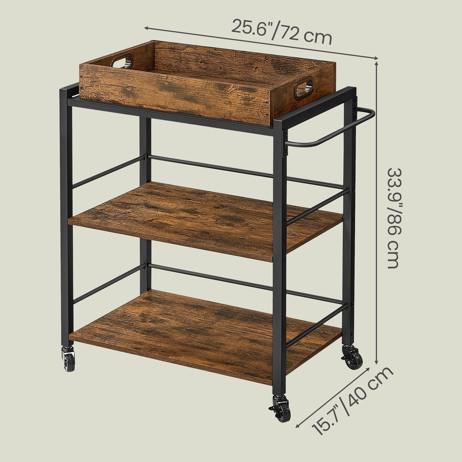 3-Tier Kitchen Trolley – Steel – Rustic Brown – Removable Serving Tray with Wheels and Brakes