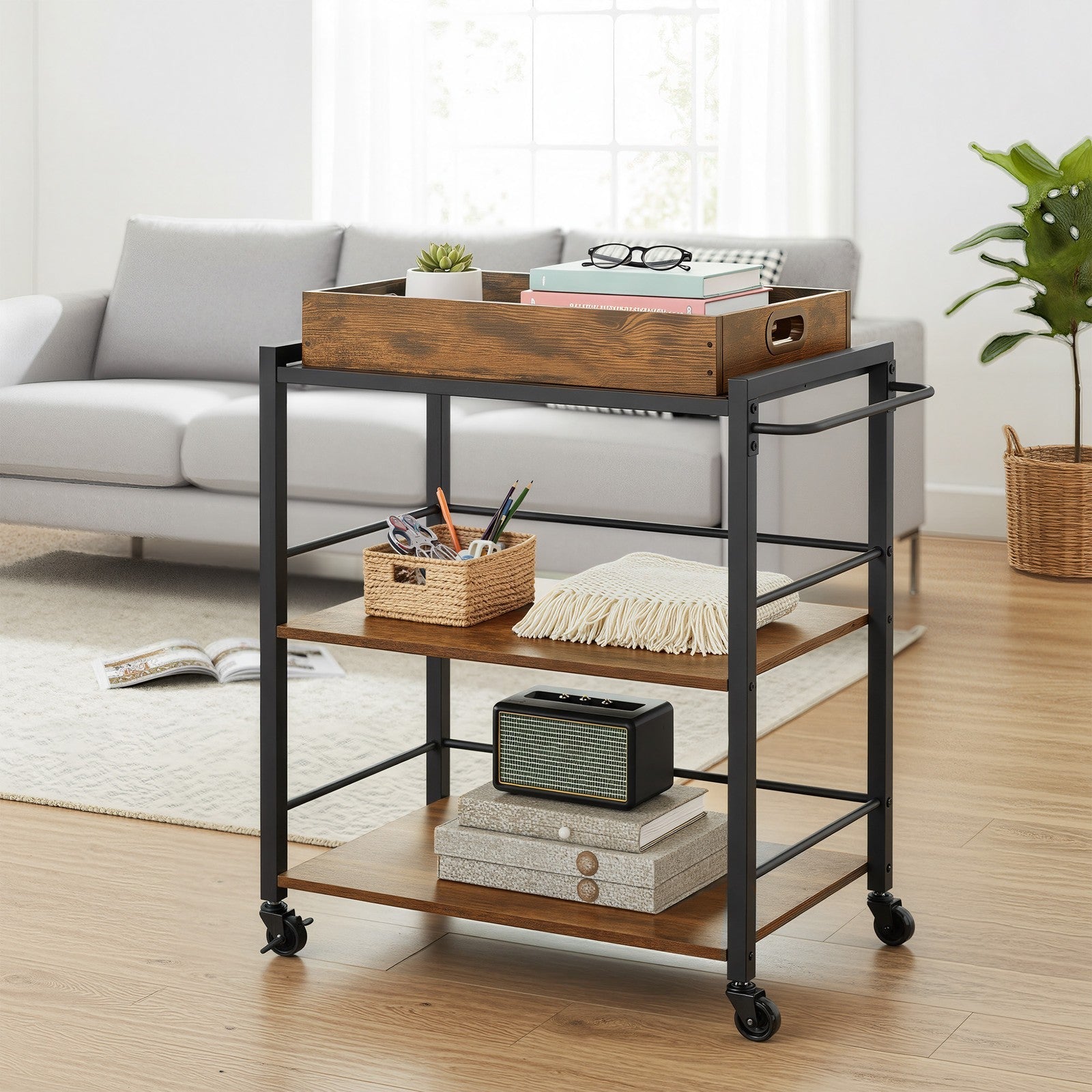 3-Tier Kitchen Trolley – Steel – Rustic Brown – Removable Serving Tray with Wheels and Brakes