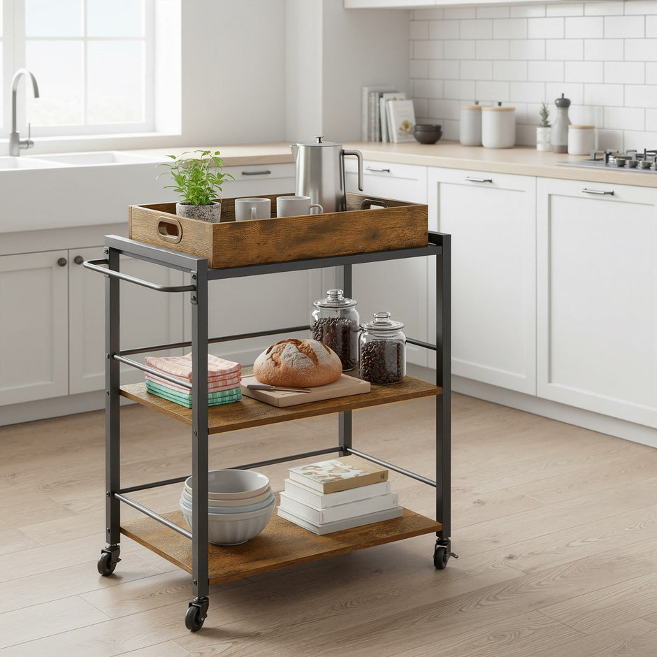 3-Tier Kitchen Trolley – Steel – Rustic Brown – Removable Serving Tray with Wheels and Brakes