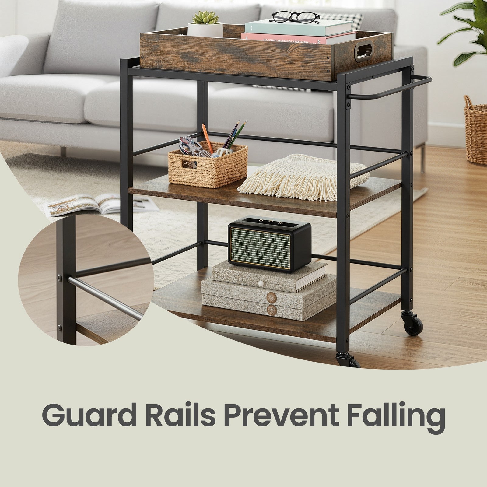 3-Tier Kitchen Trolley – Steel – Rustic Brown – Removable Serving Tray with Wheels and Brakes