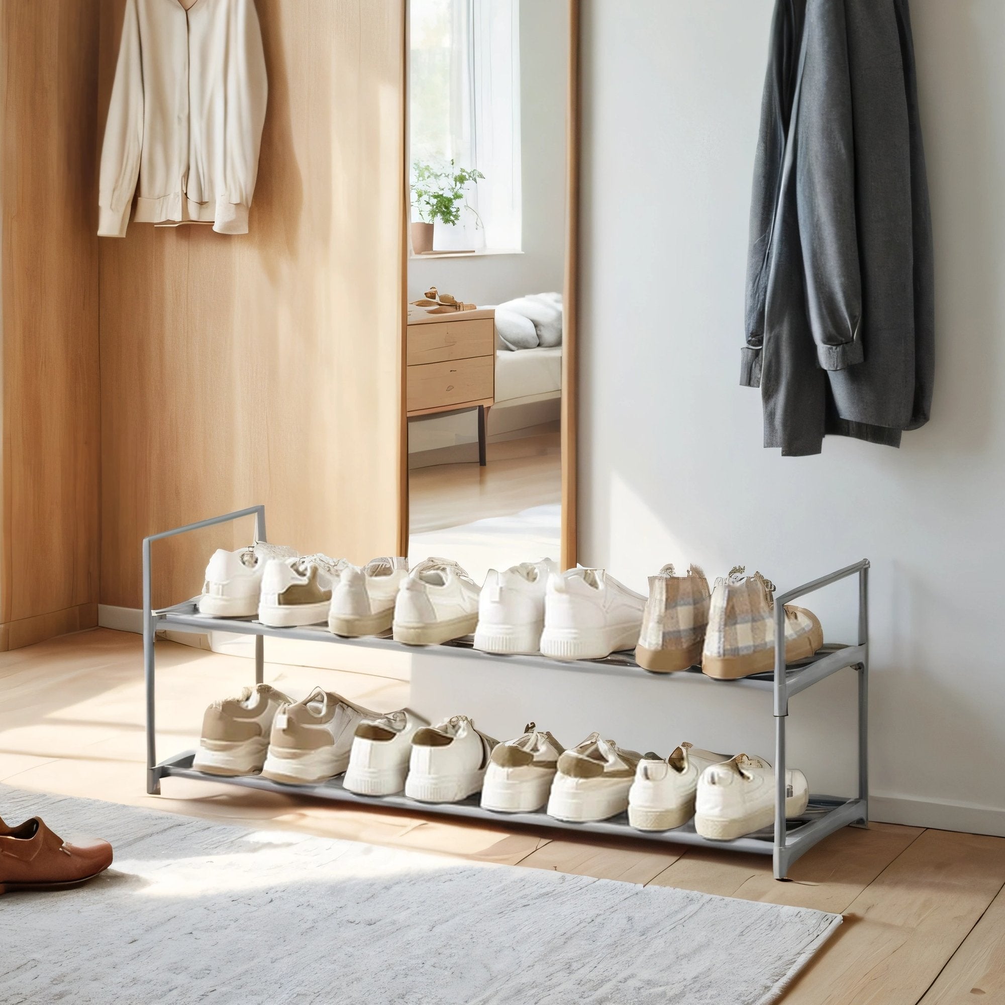 Shoe Rack – Metal – Gray – Stackable 2-Tier Organizer for 12-15 Pairs of Shoes