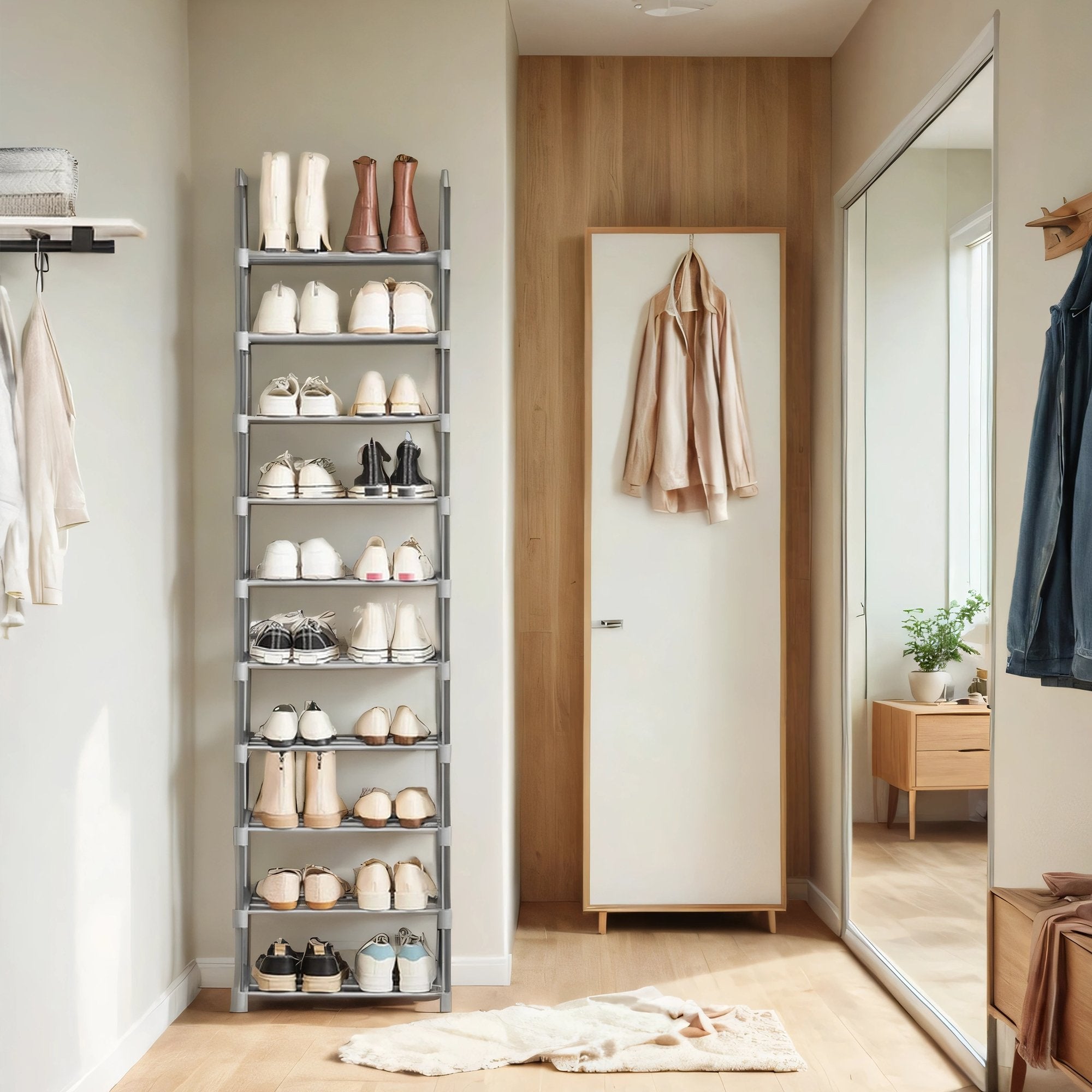 10-Tier Metal Shoe Rack – Grey – Customisable Design, Space-Saving Storage for Hallway