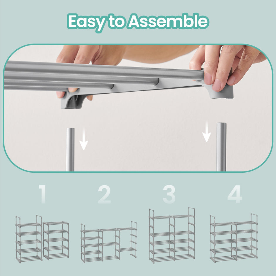 10-Tier Metal Shoe Rack – Grey – Customisable Design, Space-Saving Storage for Hallway