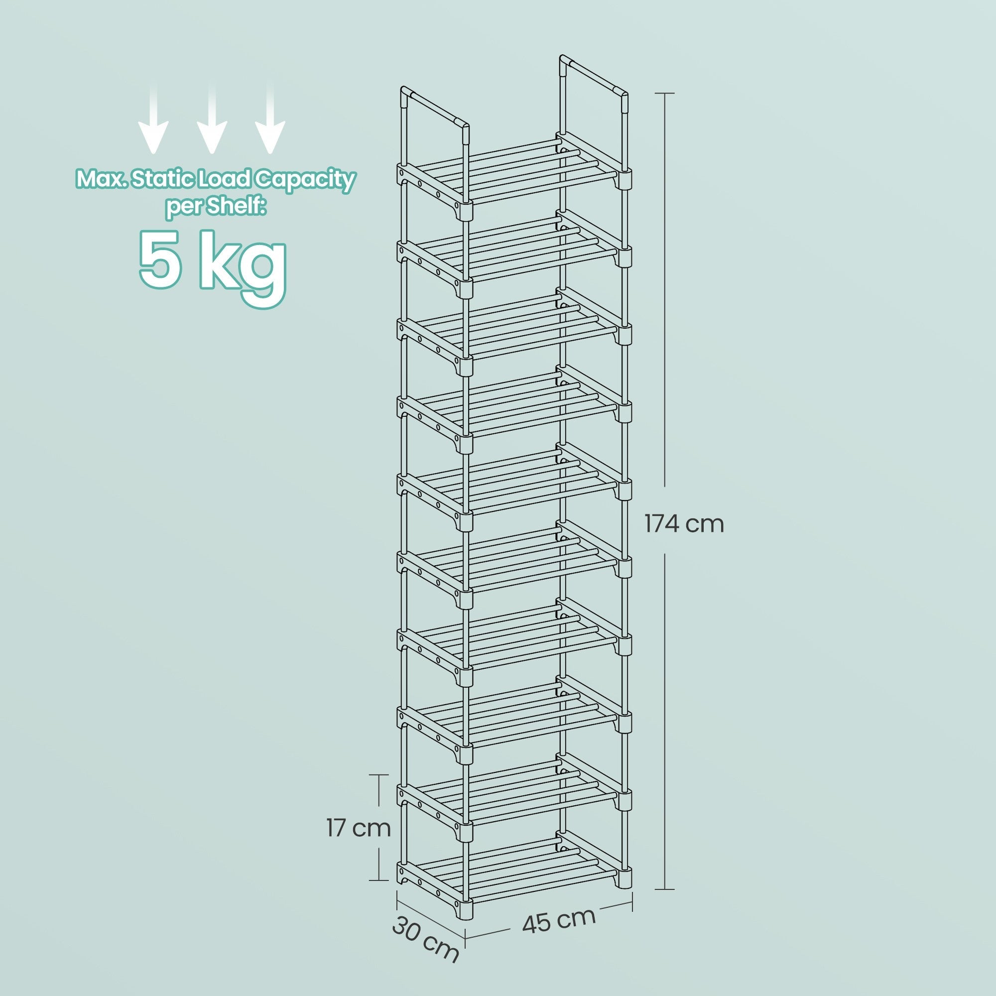 10-Tier Metal Shoe Rack – Grey – Customisable Design, Space-Saving Storage for Hallway