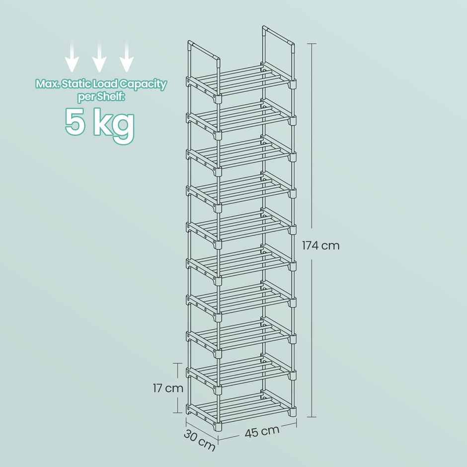 10-Tier Metal Shoe Rack – Grey – Customisable Design, Space-Saving Storage for Hallway