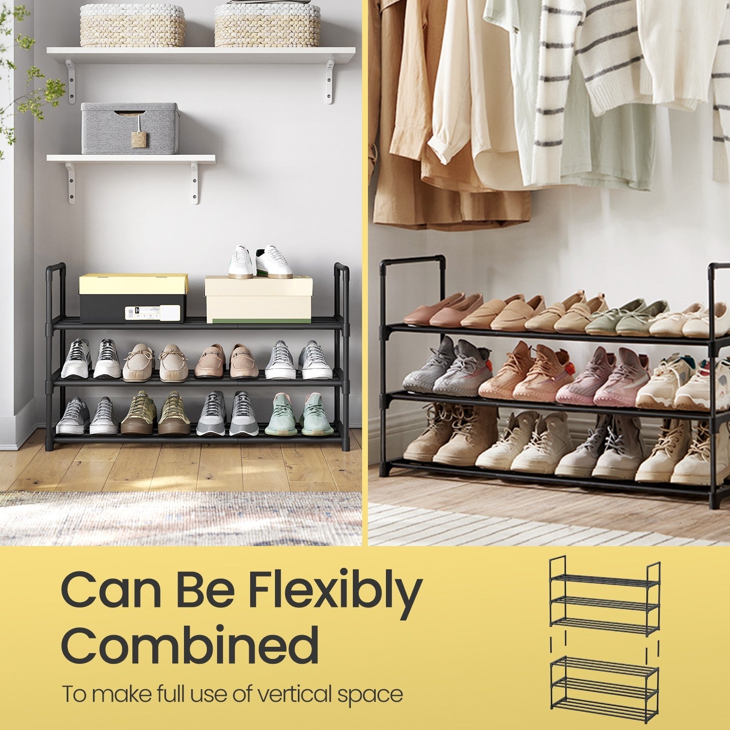 3-Tier Shoe Rack – Metal – Grey – Stackable Shoe Storage for 12 to 15 Pairs