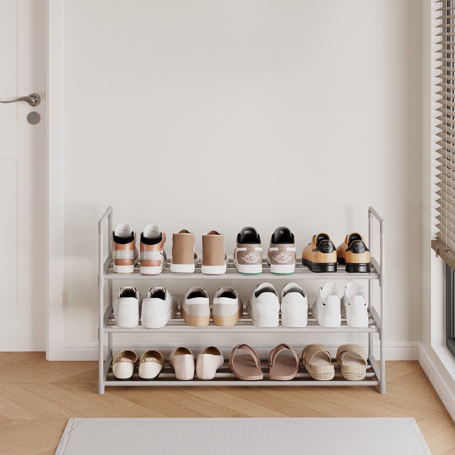 3-Tier Shoe Rack – Metal – Grey – Stackable Shoe Storage for 12 to 15 Pairs