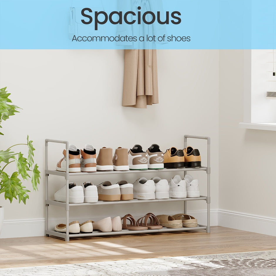 3-Tier Shoe Rack – Metal – Grey – Stackable Shoe Storage for 12 to 15 Pairs
