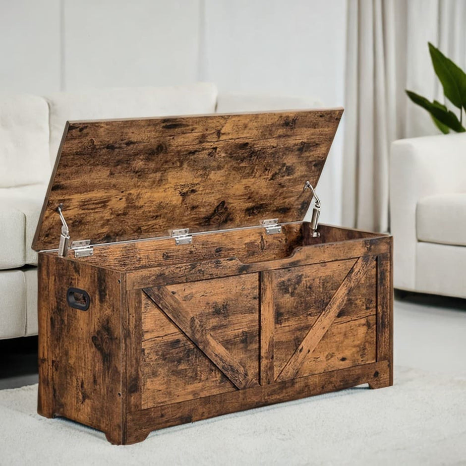 Storage Bench – Wood – Rustic Brown – Farmhouse Style with Safety Hinges