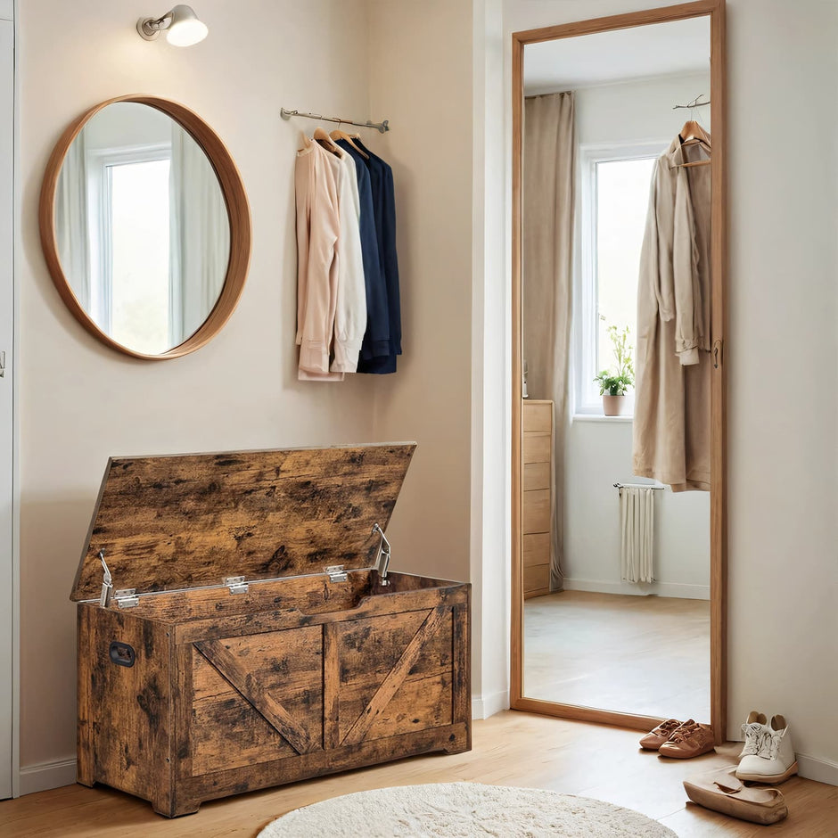Storage Bench – Wood – Rustic Brown – Farmhouse Style with Safety Hinges