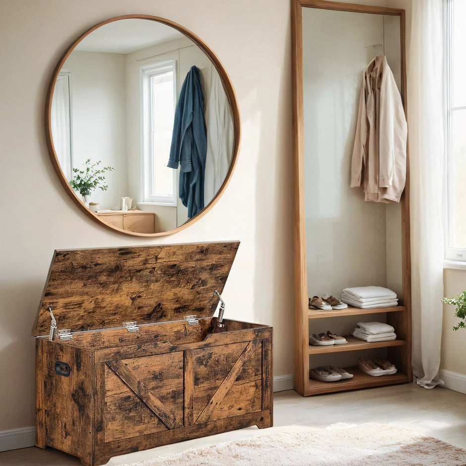 Storage Bench – Wood – Rustic Brown – Farmhouse Style with Safety Hinges