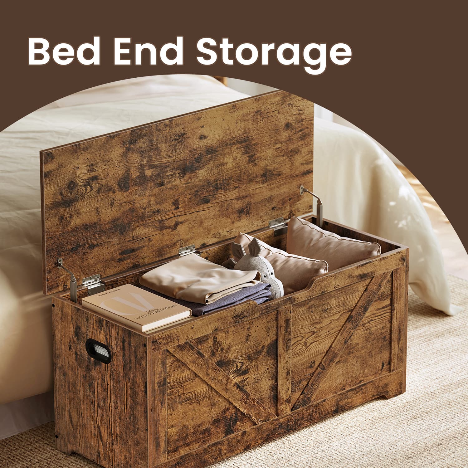 Storage Bench – Wood – Rustic Brown – Farmhouse Style with Safety Hinges