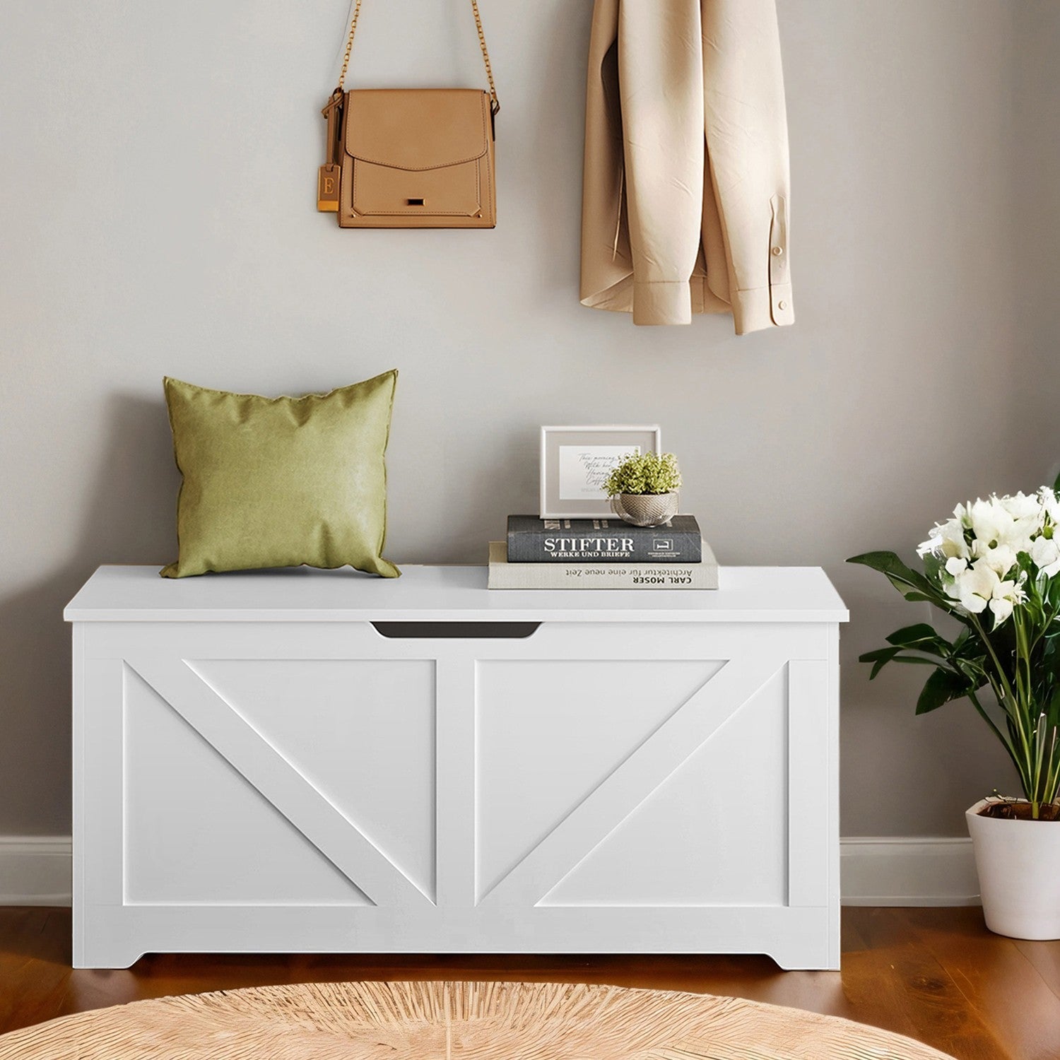 Storage Chest – Wood – Rustic Brown – Farmhouse Style with Safety Hinges and Bench Functionality