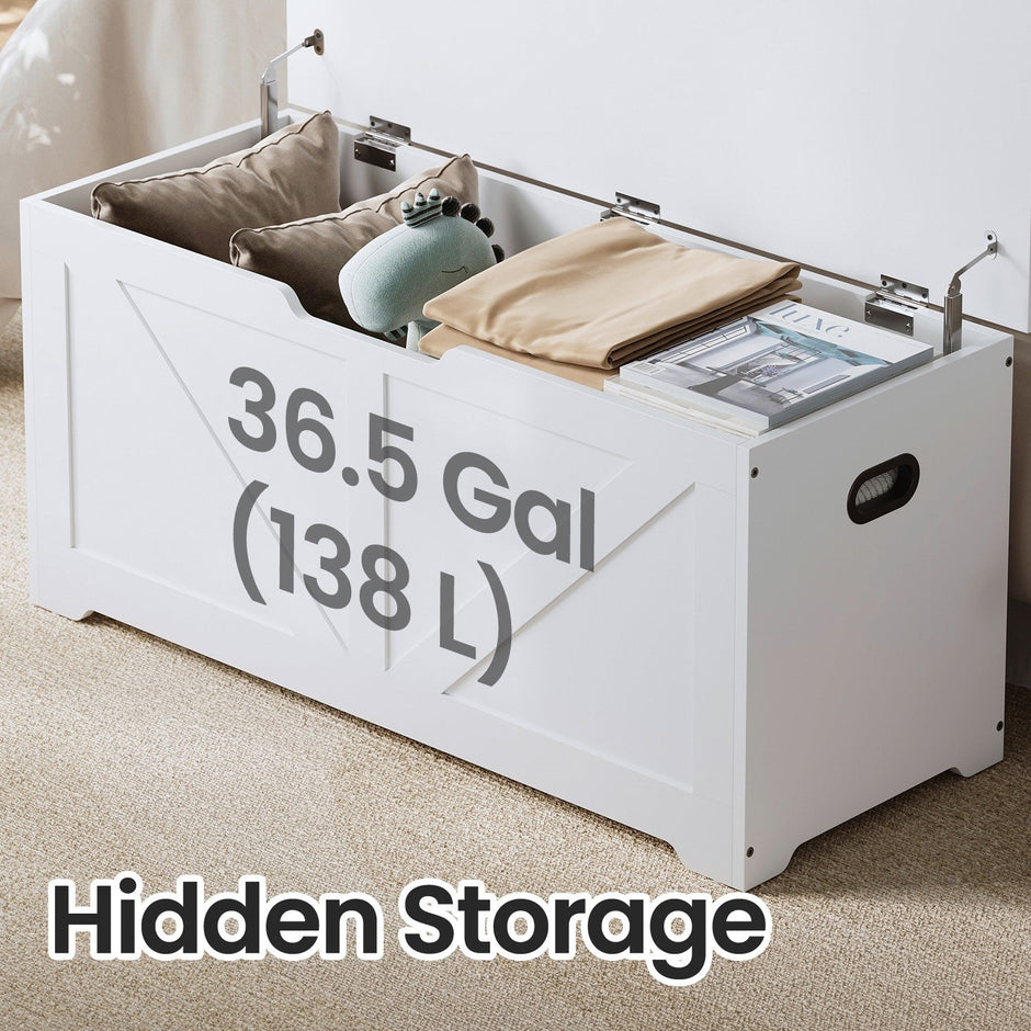 Storage Chest – Wood – Rustic Brown – Farmhouse Style with Safety Hinges and Bench Functionality