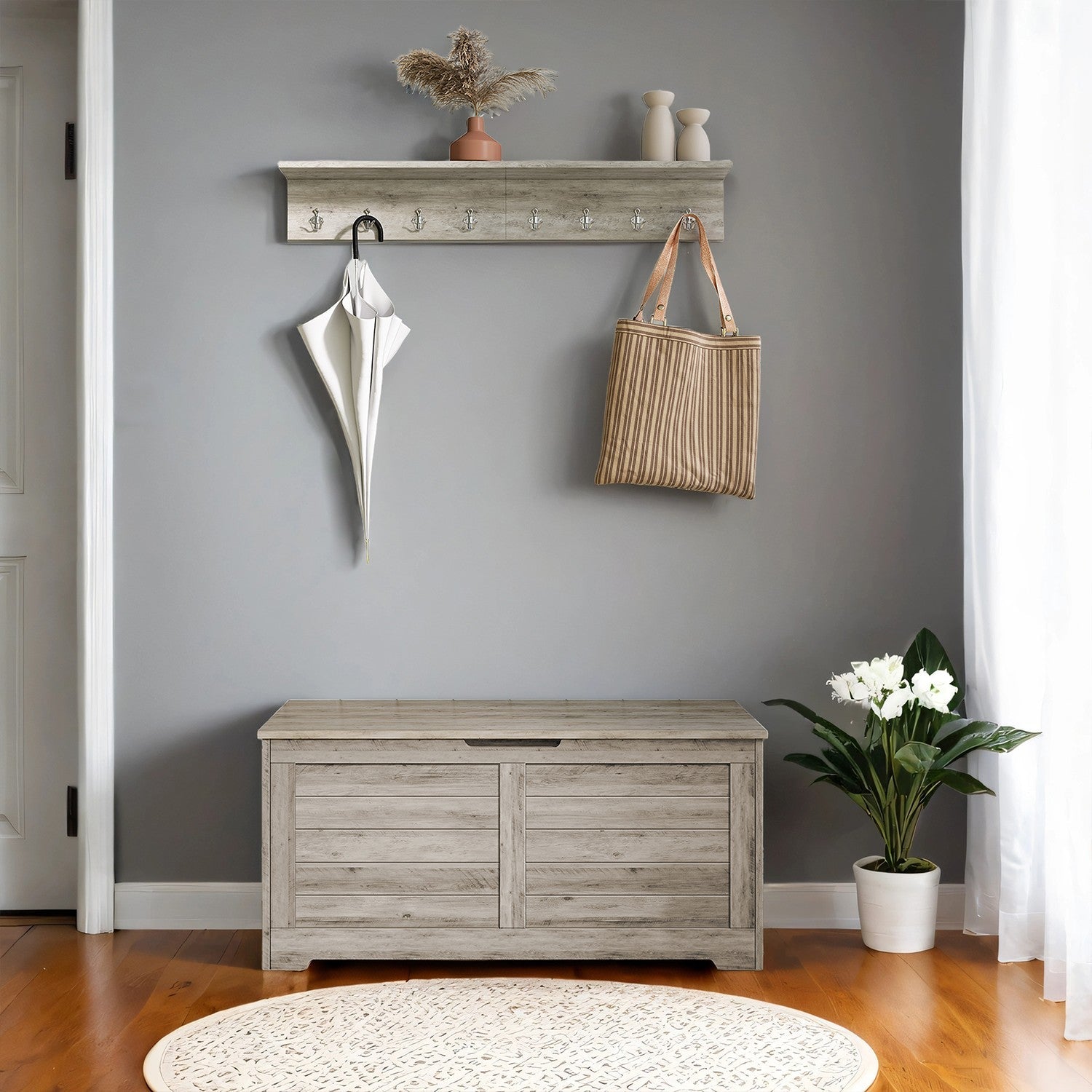Storage Bench – Wood – Cloud White – Farmhouse Style with 2 Safety Hinges