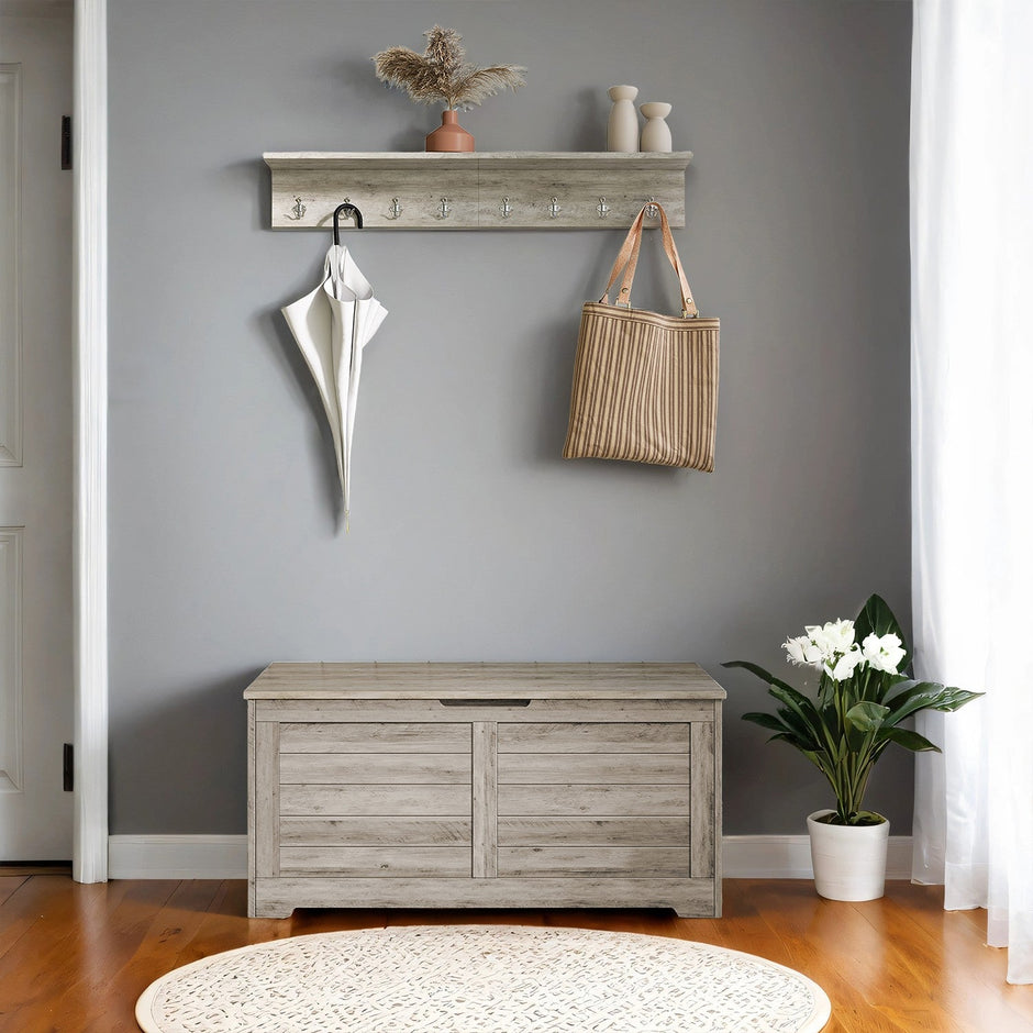 Storage Bench – Wood – Cloud White – Farmhouse Style with 2 Safety Hinges