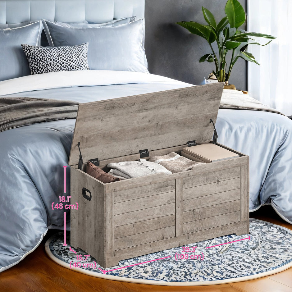 Storage Bench – Wood – Cloud White – Farmhouse Style with 2 Safety Hinges
