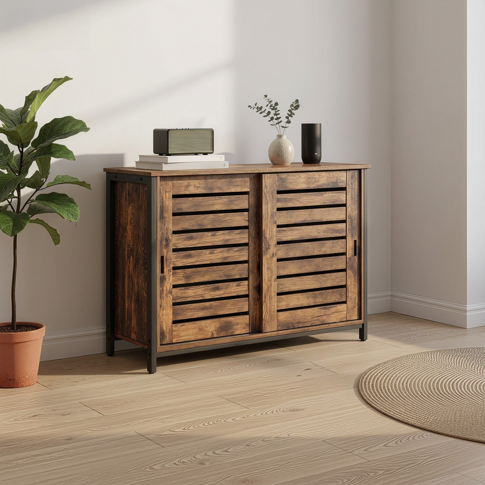 Sideboard – Steel – Rustic Brown and Black – Industrial Style with Sliding Doors
