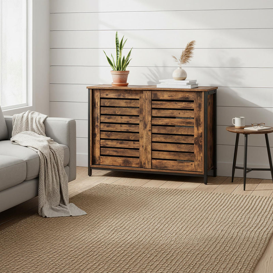 Sideboard – Steel – Rustic Brown and Black – Industrial Style with Sliding Doors