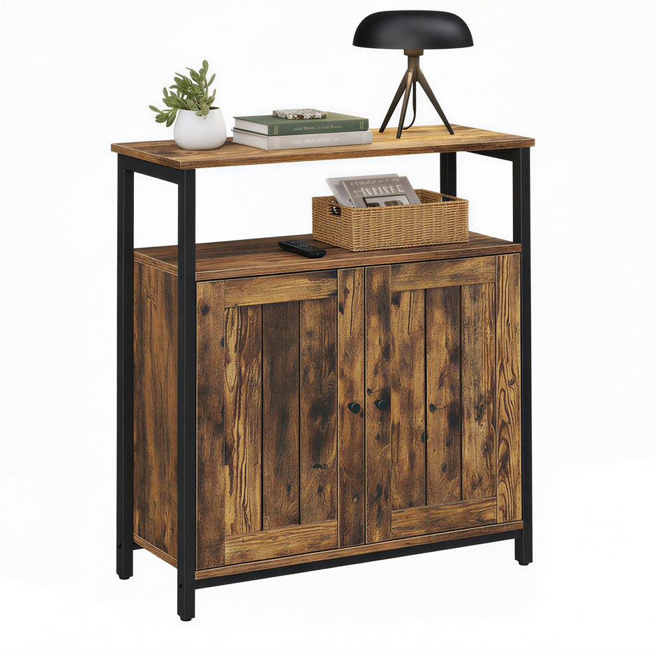 Multipurpose Storage Cabinet – Steel – Rustic Brown and Black – Adjustable Shelves with Slat Door