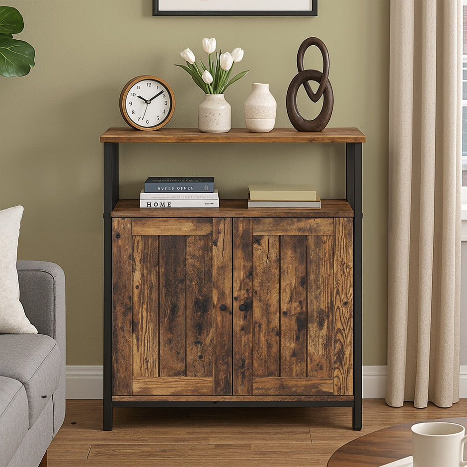 Multipurpose Storage Cabinet – Steel – Rustic Brown and Black – Adjustable Shelves with Slat Door