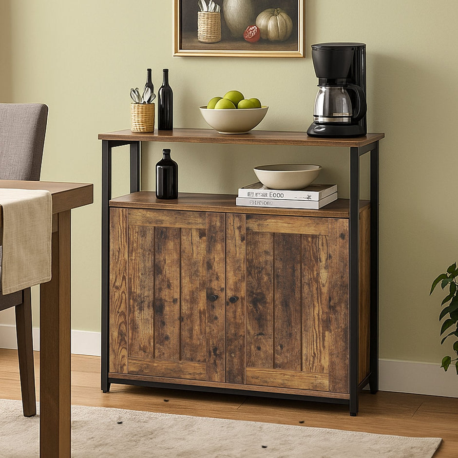 Multipurpose Storage Cabinet – Steel – Rustic Brown and Black – Adjustable Shelves with Slat Door
