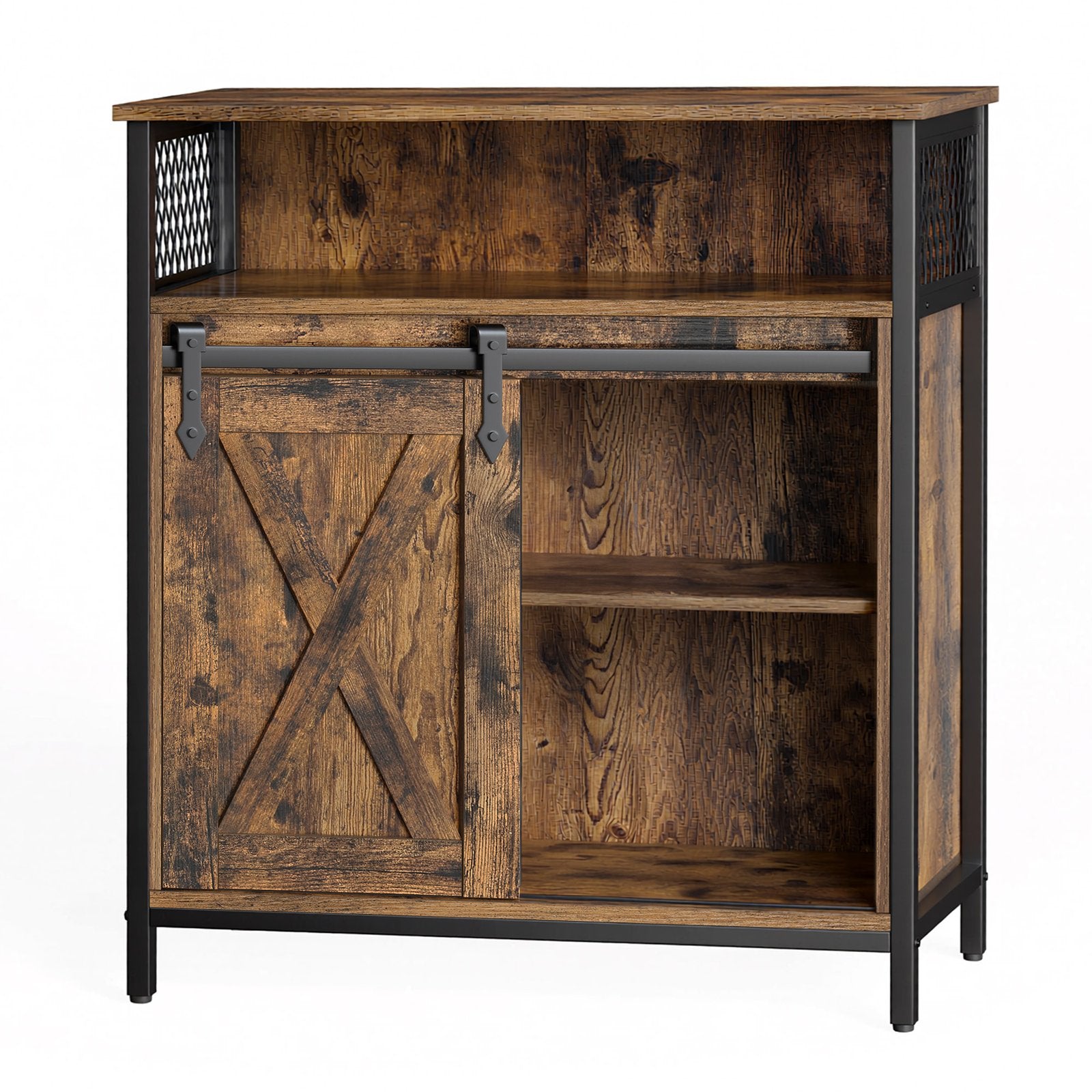 Buffet Cabinet – Wood – Rustic Brown and Black – Adjustable Shelf with Sliding Barn Door and Open Compartment