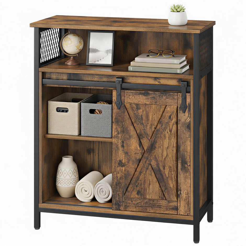 Buffet Cabinet – Wood – Rustic Brown and Black – Adjustable Shelf with Sliding Barn Door and Open Compartment