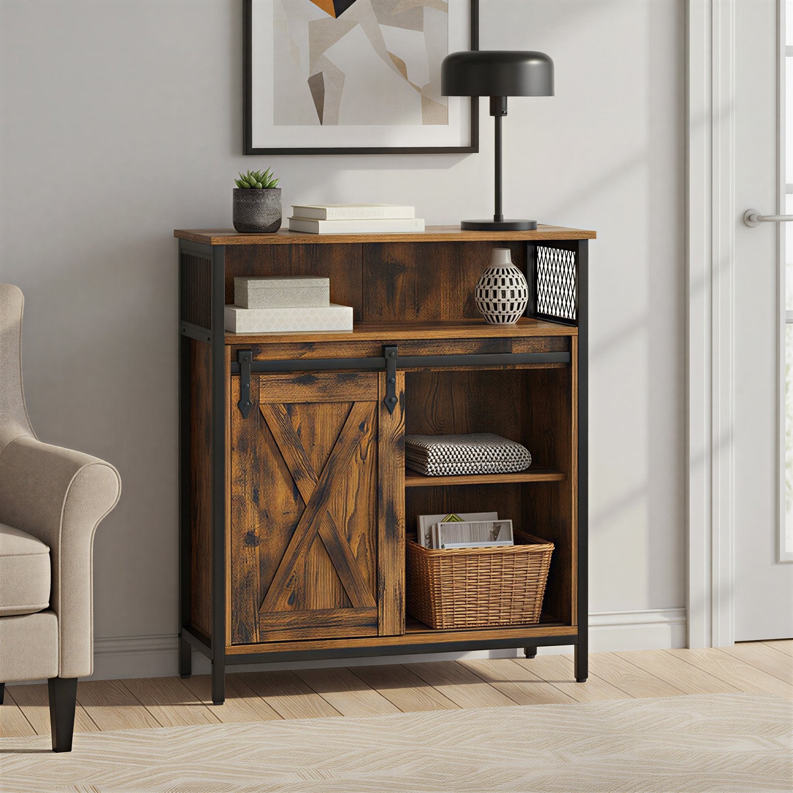 Buffet Cabinet – Wood – Rustic Brown and Black – Adjustable Shelf with Sliding Barn Door and Open Compartment