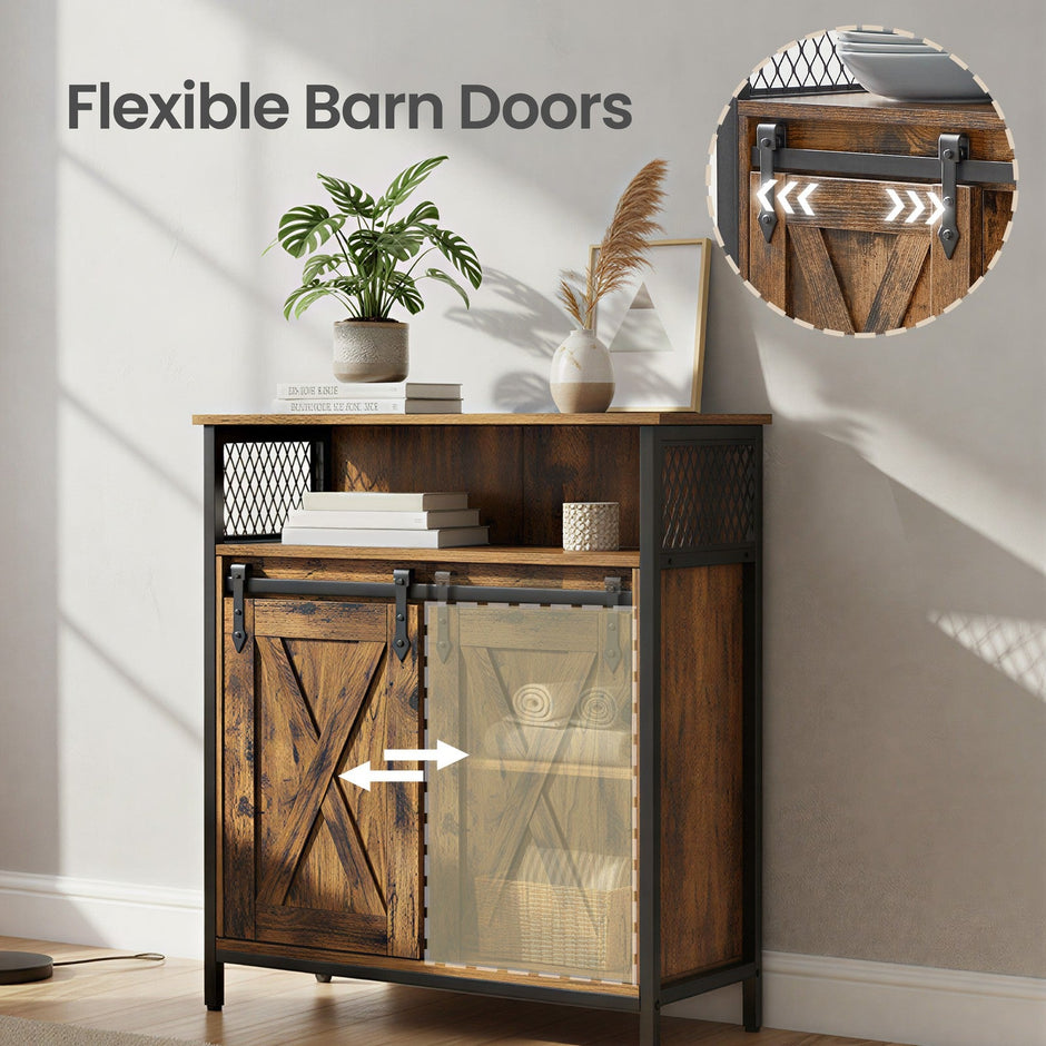 Buffet Cabinet – Wood – Rustic Brown and Black – Adjustable Shelf with Sliding Barn Door and Open Compartment