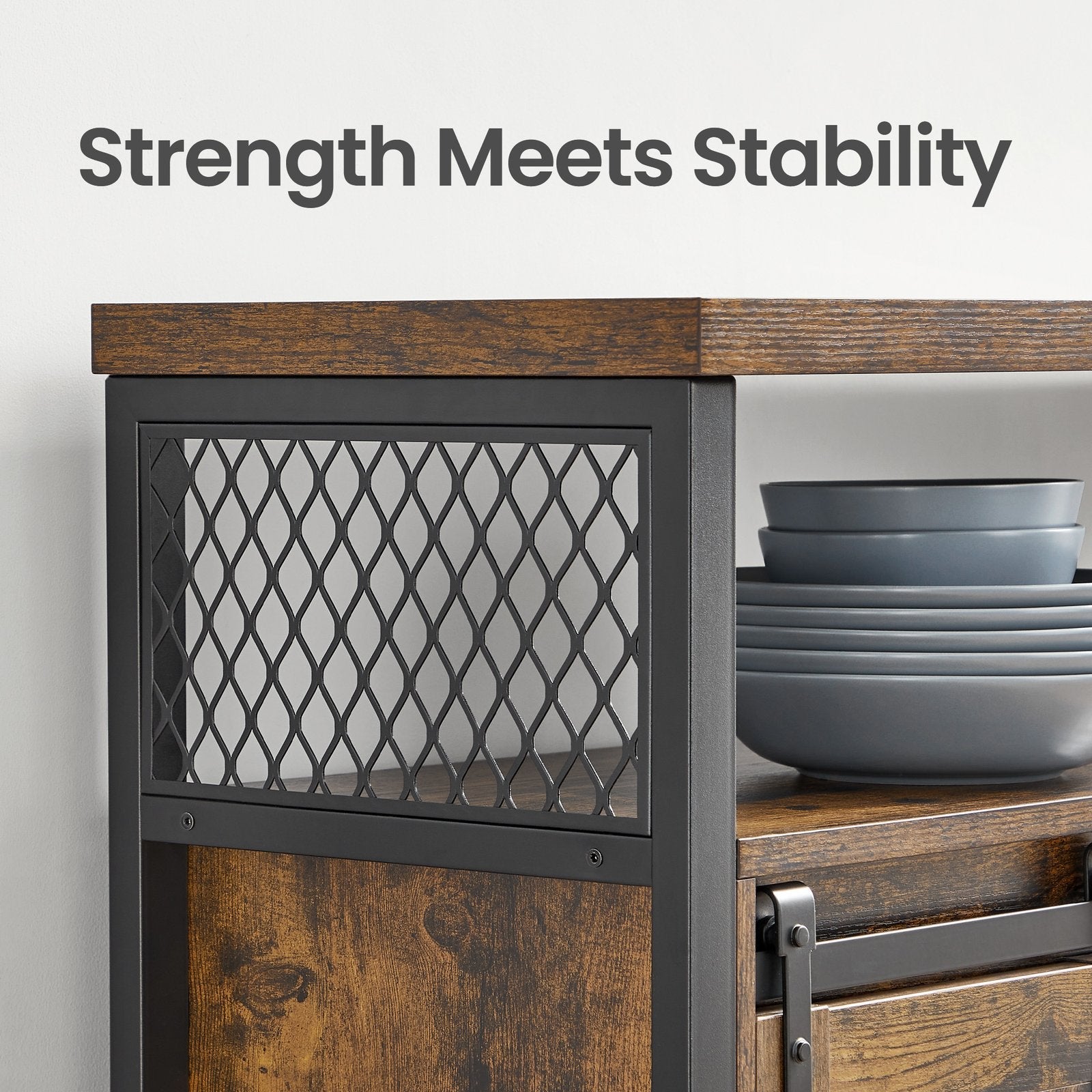 Buffet Cabinet – Wood – Rustic Brown and Black – Adjustable Shelf with Sliding Barn Door and Open Compartment
