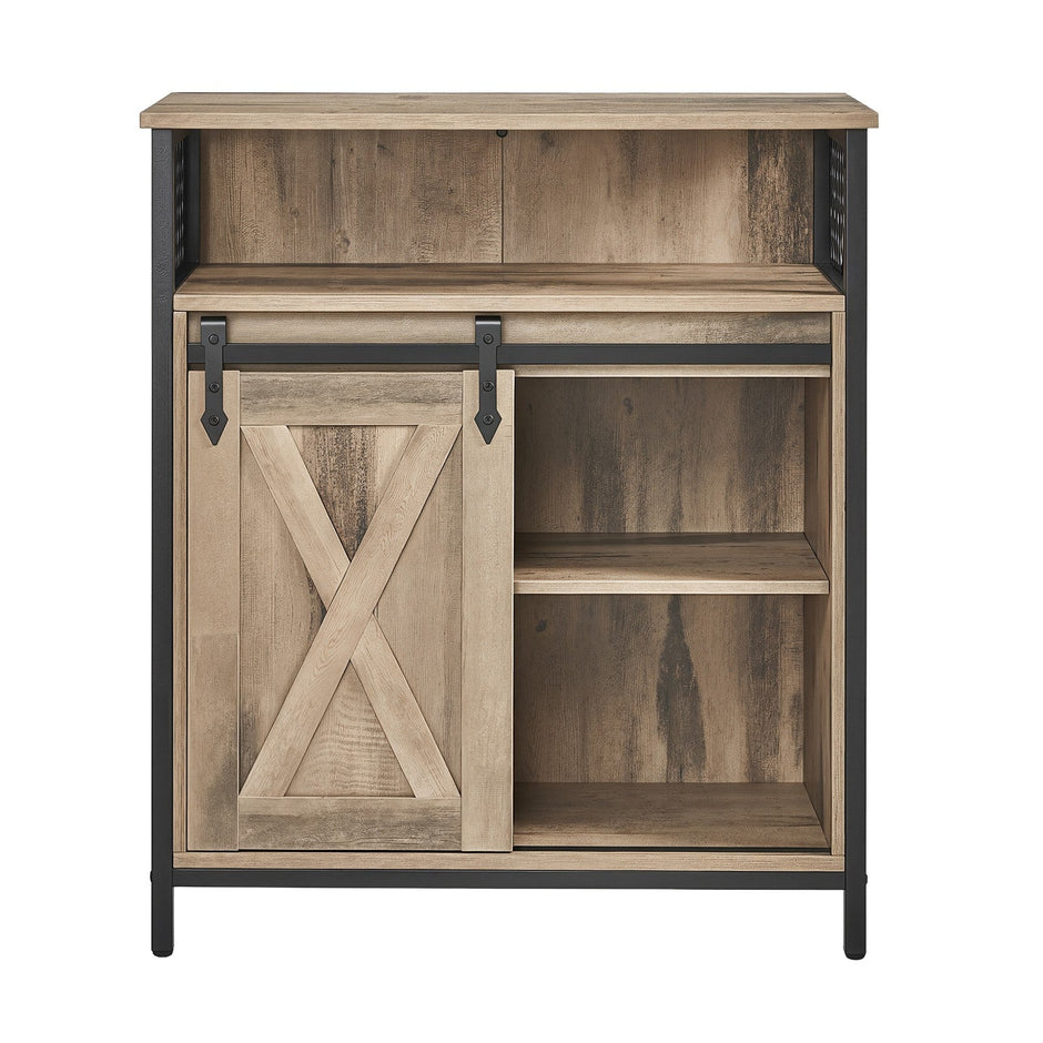 Buffet Cabinet – Wood – Rustic Brown and Black – Adjustable Shelf with Sliding Barn Door and Open Compartment