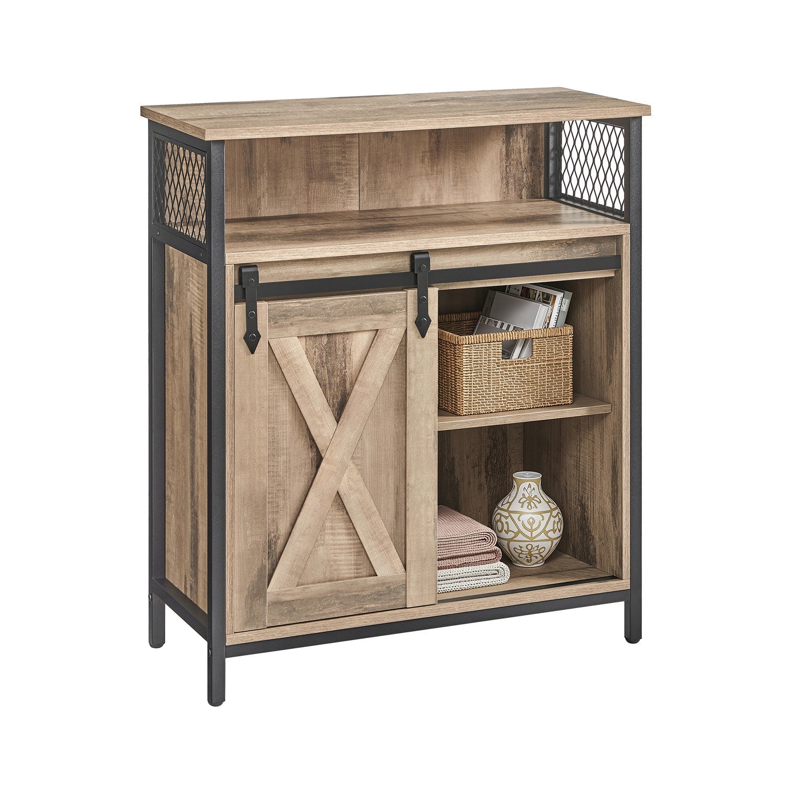 Buffet Cabinet – Wood – Rustic Brown and Black – Adjustable Shelf with Sliding Barn Door and Open Compartment