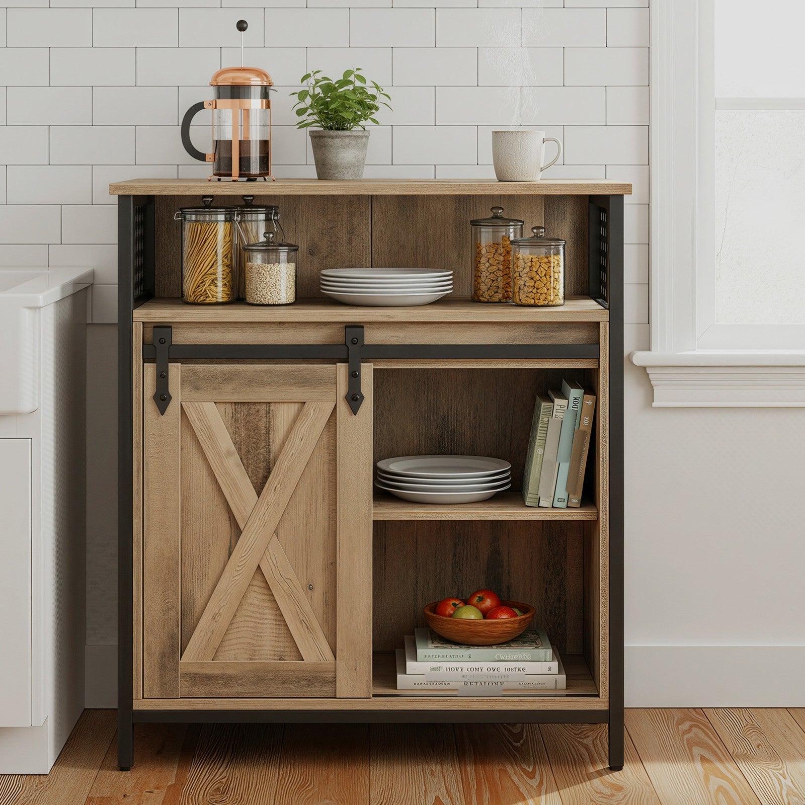 Buffet Cabinet – Wood – Rustic Brown and Black – Adjustable Shelf with Sliding Barn Door and Open Compartment