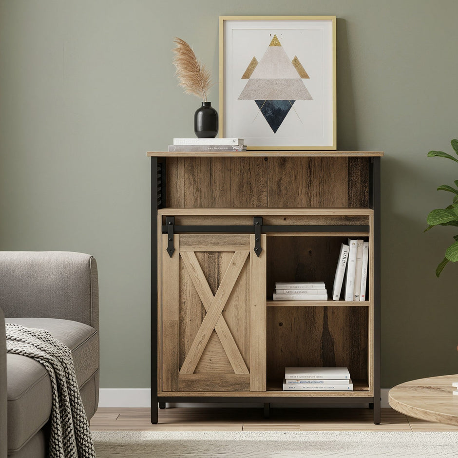 Buffet Cabinet – Wood – Rustic Brown and Black – Adjustable Shelf with Sliding Barn Door and Open Compartment