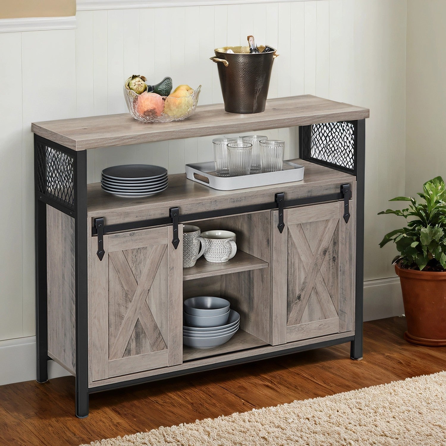Buffet Cabinet – Wood – Turquoise Brown and Ink Black – 2 Sliding Barn Doors, Adjustable Shelves