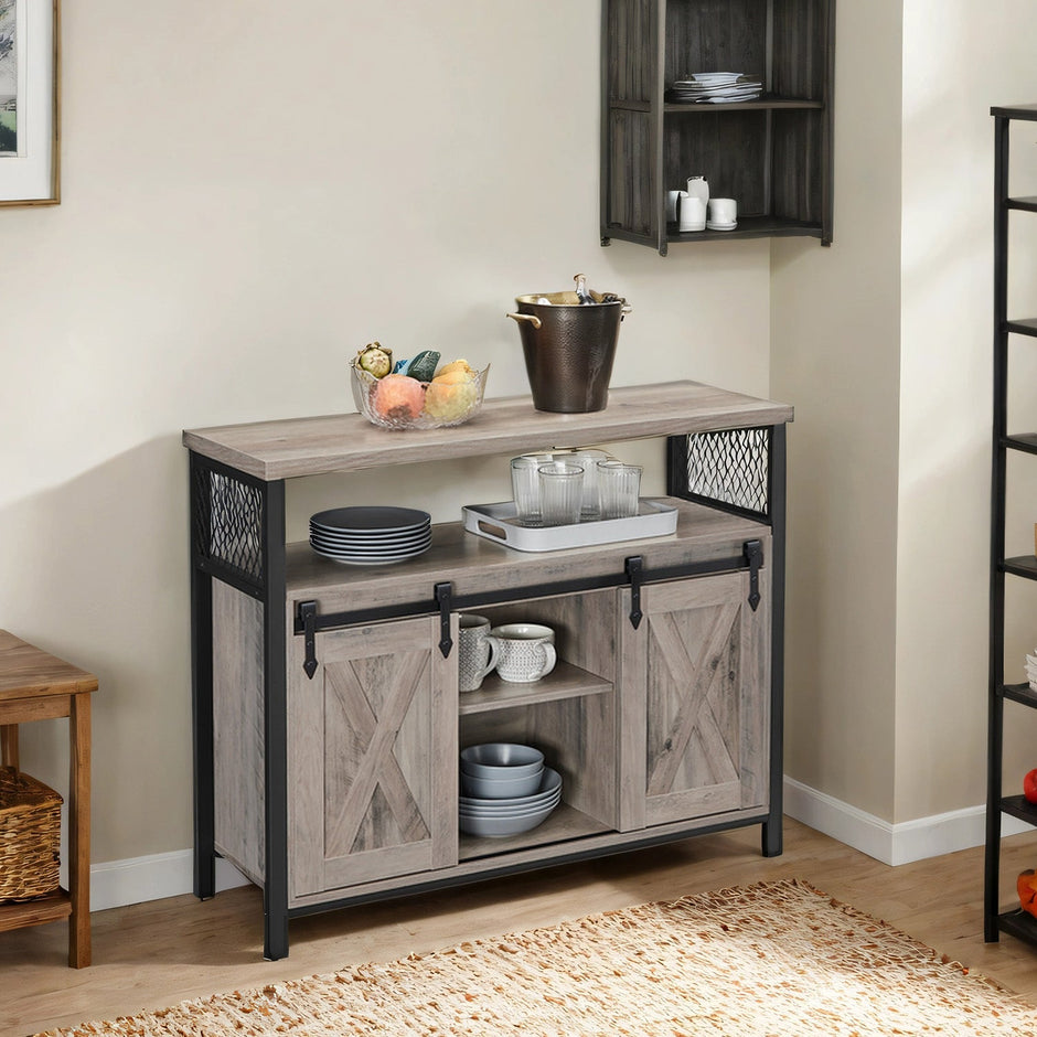 Buffet Cabinet – Wood – Turquoise Brown and Ink Black – 2 Sliding Barn Doors, Adjustable Shelves