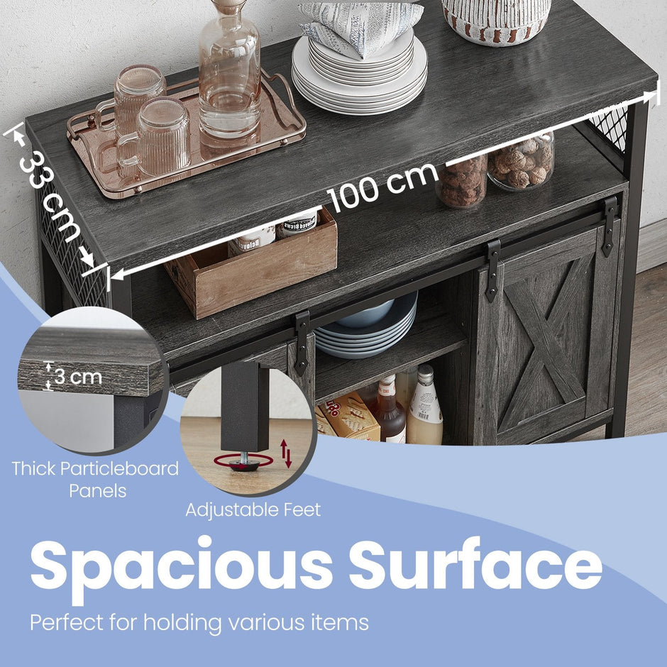 Buffet Cabinet – Wood – Turquoise Brown and Ink Black – 2 Sliding Barn Doors, Adjustable Shelves
