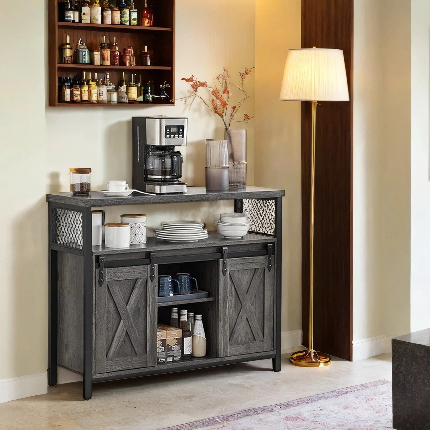 Buffet Cabinet – Wood – Turquoise Brown and Ink Black – 2 Sliding Barn Doors, Adjustable Shelves
