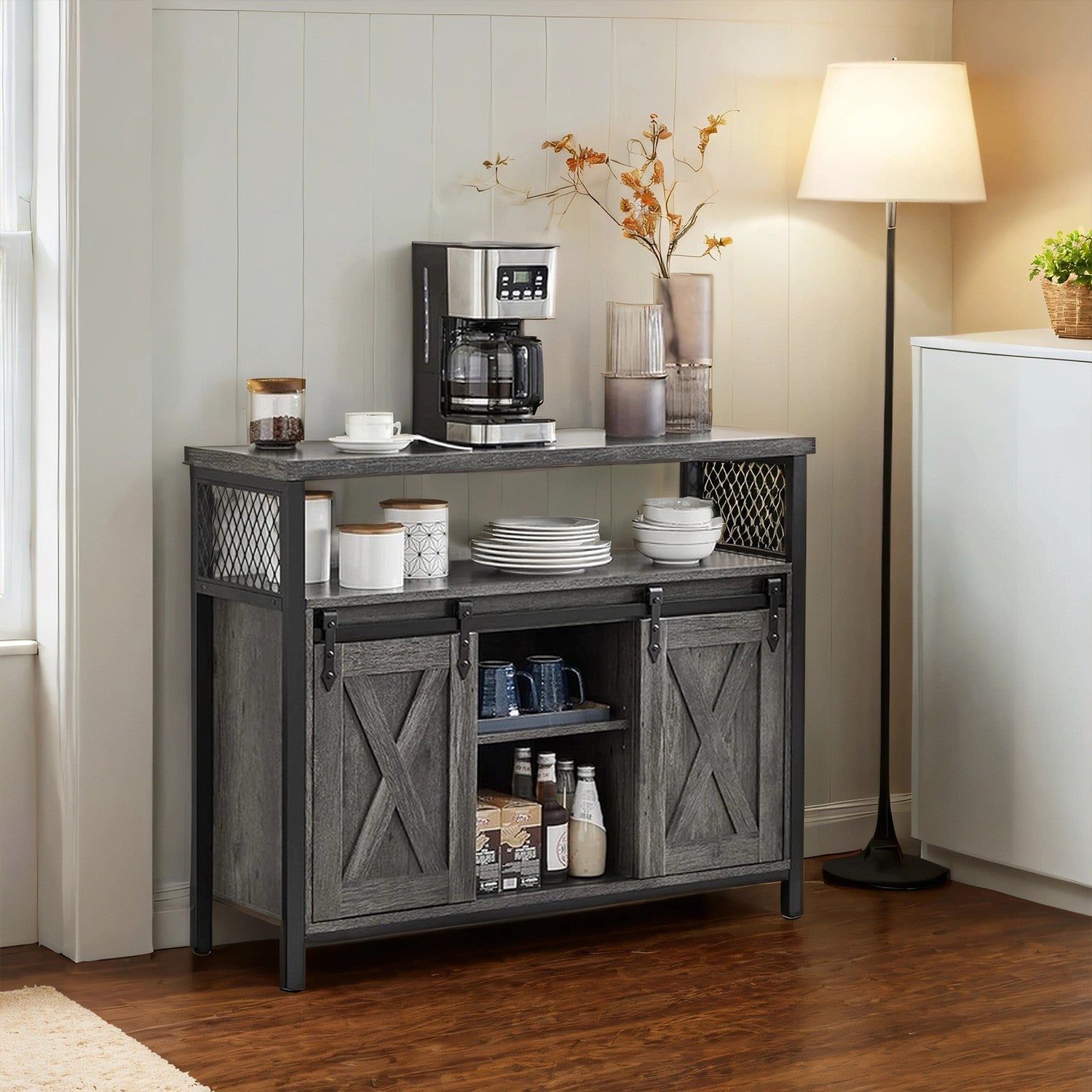 Buffet Cabinet – Wood – Turquoise Brown and Ink Black – 2 Sliding Barn Doors, Adjustable Shelves