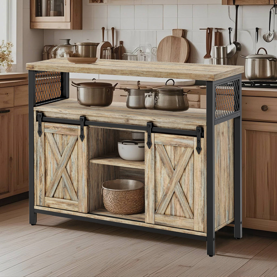 Buffet Cabinet – Wood – Turquoise Brown and Ink Black – 2 Sliding Barn Doors, Adjustable Shelves