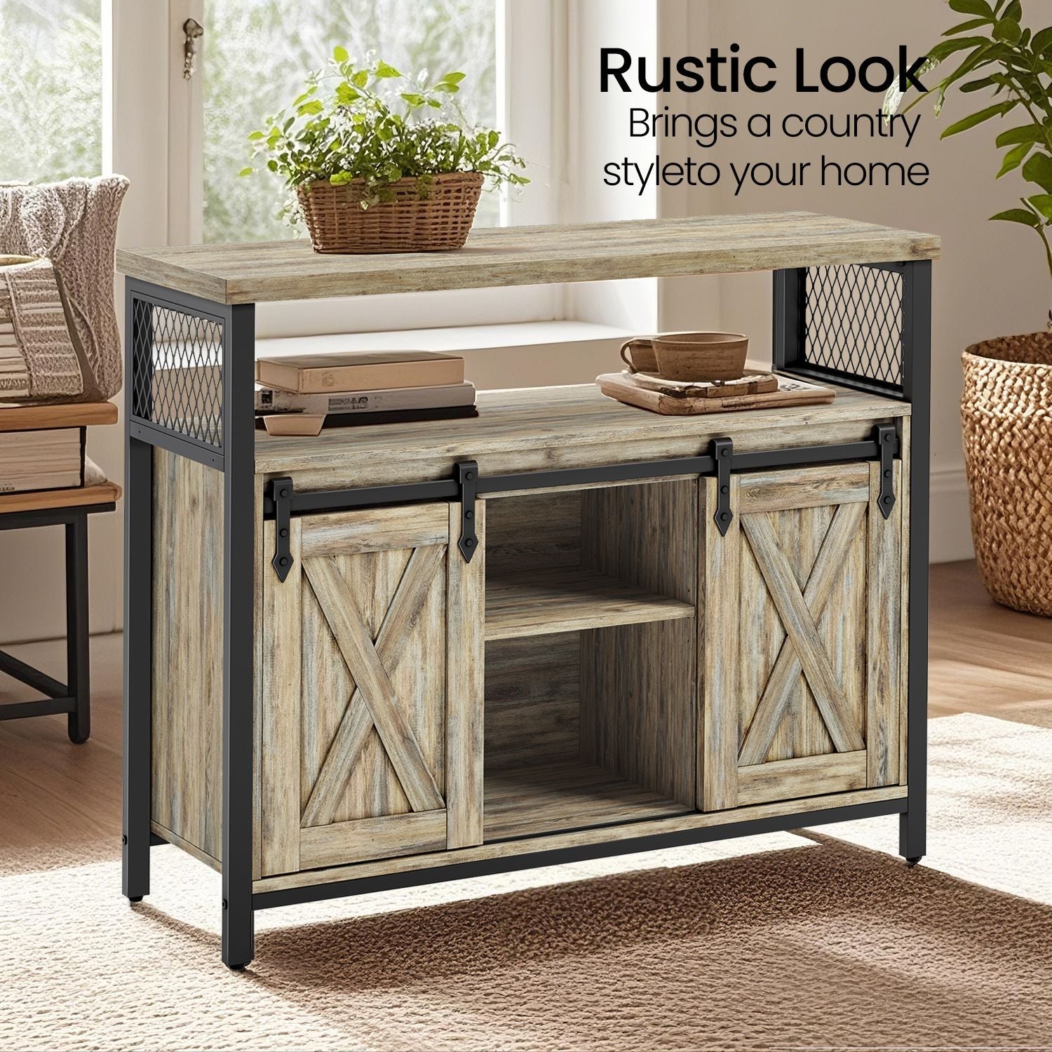 Buffet Cabinet – Wood – Turquoise Brown and Ink Black – 2 Sliding Barn Doors, Adjustable Shelves
