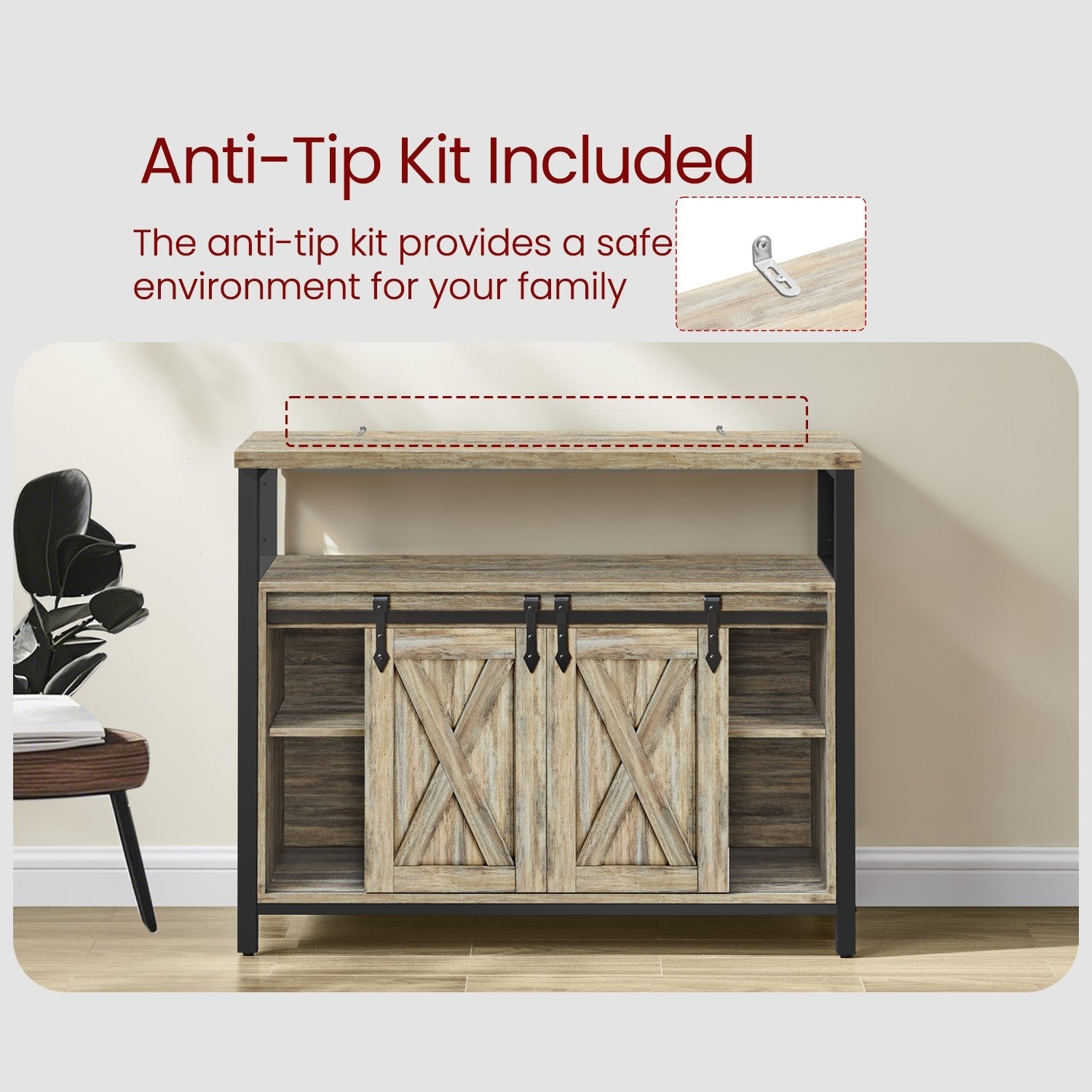 Buffet Cabinet – Wood – Turquoise Brown and Ink Black – 2 Sliding Barn Doors, Adjustable Shelves