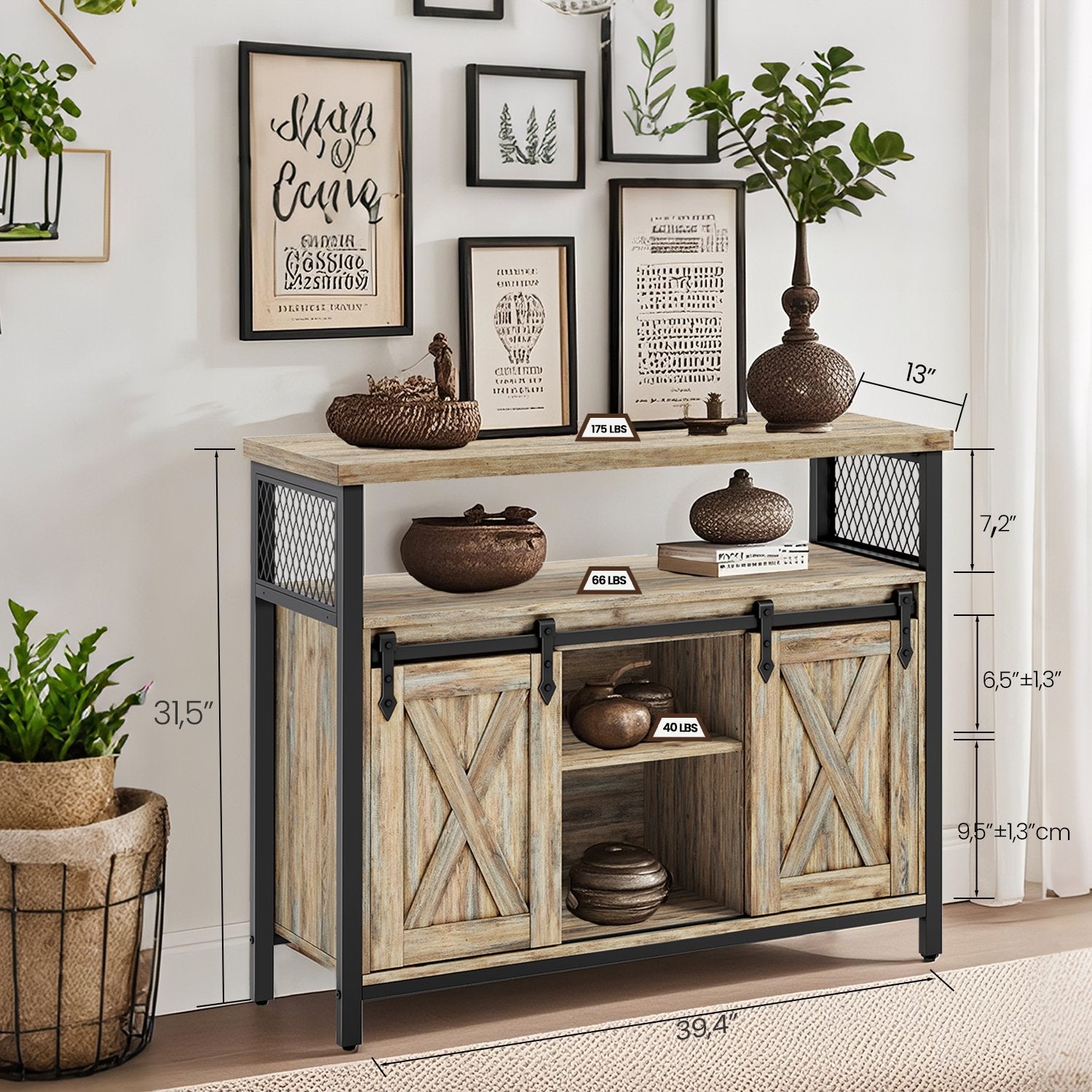 Buffet Cabinet – Wood – Turquoise Brown and Ink Black – 2 Sliding Barn Doors, Adjustable Shelves
