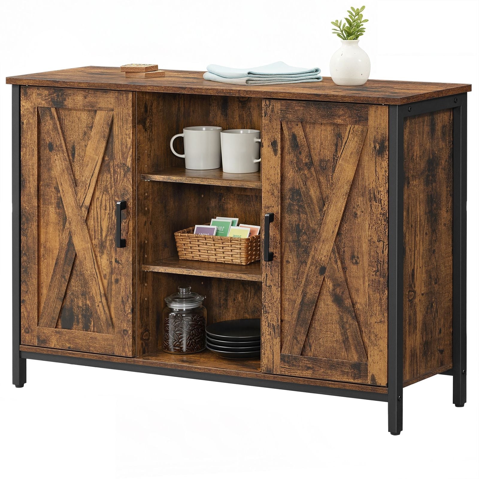 Sideboard – Wood – Rustic Brown and Black – Barn Doors, Multi-Functional Storage for Dining Room and Living Room