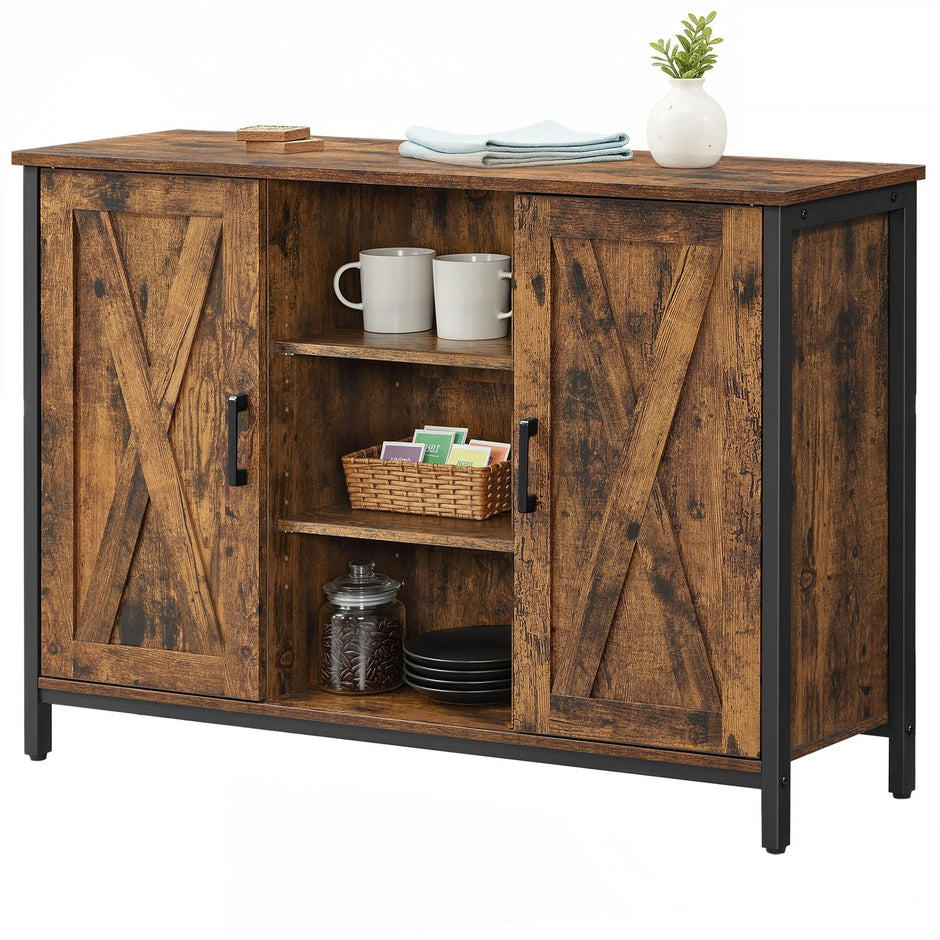 Sideboard – Wood – Rustic Brown and Black – Barn Doors, Multi-Functional Storage for Dining Room and Living Room